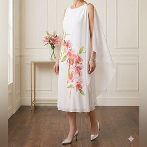 CONTEMPO Chiffon Floral Overlay Maxi Dress - Size 16 - White & Pink Lily Print
